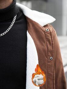 Manfinity Homme 男士仿麂皮抓絨夾克，仿羊羔絨領，羅紋下擺與袖口，鈕扣前襟，休閒通勤辦公，秋冬外套 - 棕色 - 查看 8