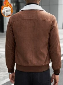 Manfinity Homme 男士仿麂皮抓絨夾克，仿羊羔絨領，羅紋下擺與袖口，鈕扣前襟，休閒通勤辦公，秋冬外套 - 棕色 - 查看 2