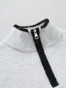 Manfinity Homme Men's Autumn/Winter Colorblock Half-Zip Long Sleeve Casual Sweater, Old Money - White - View 5