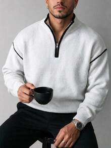 Manfinity Homme Men's Autumn/Winter Colorblock Half-Zip Long Sleeve Casual Sweater, Old Money - White - View 7