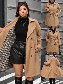 SHEIN Clasi Plus Size Vintage Button Pocket Long Sleeve Trench Coat Winter - Khaki - View 11
