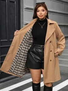 SHEIN Clasi Plus Size Vintage Button Pocket Long Sleeve Trench Coat Winter - Khaki - View 5