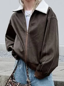 FRIFUL Women's Long Sleeve Zip-Up Contrast Color Lapel Casual Regular Fit Jacket Fall - Brown - View 7