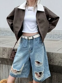 FRIFUL Women's Long Sleeve Zip-Up Contrast Color Lapel Casual Regular Fit Jacket Fall - Brown - View 4