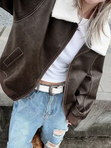 FRIFUL Women's Long Sleeve Zip-Up Contrast Color Lapel Casual Regular Fit Jacket Fall - Brown - View 2