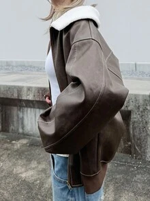 FRIFUL Women's Long Sleeve Zip-Up Contrast Color Lapel Casual Regular Fit Jacket Fall - Brown - View 3