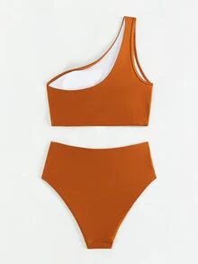 SHEIN Swim Summer Beach Women's One Shoulder Ruched Bikini Set, Bathing Suit - Orange - View 3