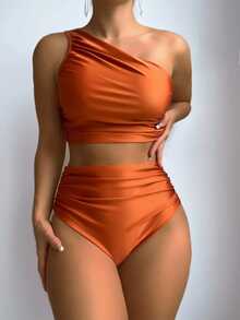 SHEIN Swim Summer Beach Women's One Shoulder Ruched Bikini Set, Bathing Suit - Orange - View 5