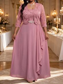 Fleurora Plus Size Women's Lace Rhinestone Decorated Dress And Long Sleeve Cardigan Suit Set Wedding Formal Purple Elegant - Pink - View 5