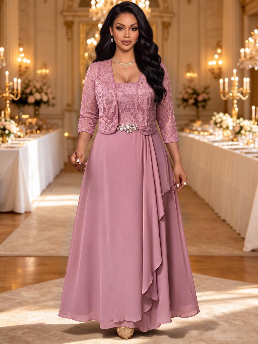 Fleurora Plus Size Women's Lace Rhinestone Decorated Dress And Long Sleeve Cardigan Suit Set Wedding Formal Purple Elegant - Pink - View 1