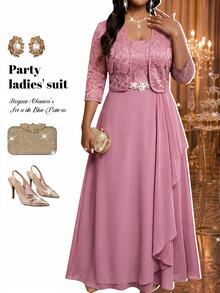 Fleurora Plus Size Women's Lace Rhinestone Decorated Dress And Long Sleeve Cardigan Suit Set Wedding Formal Purple Elegant - Pink - View 7