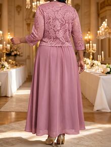 Fleurora Plus Size Women's Lace Rhinestone Decorated Dress And Long Sleeve Cardigan Suit Set Wedding Formal Purple Elegant - Pink - View 2