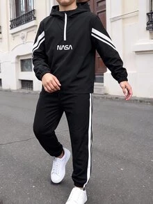 SHEIN 2件組青少年男孩休閒運動圖案黑色連帽半拉鍊夾克與長褲套裝，適合通勤、上學、日常休閒、度假、旅行、運動，秋冬穿著 - 黑色 - 查看 2