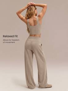 GLOWMODE SoftCalm Modal 32'' Tall Drift Wide Leg Pants Silk Touch High Waist With Side Pockets Autumn Winter Daily Wear - Khaki - View 2