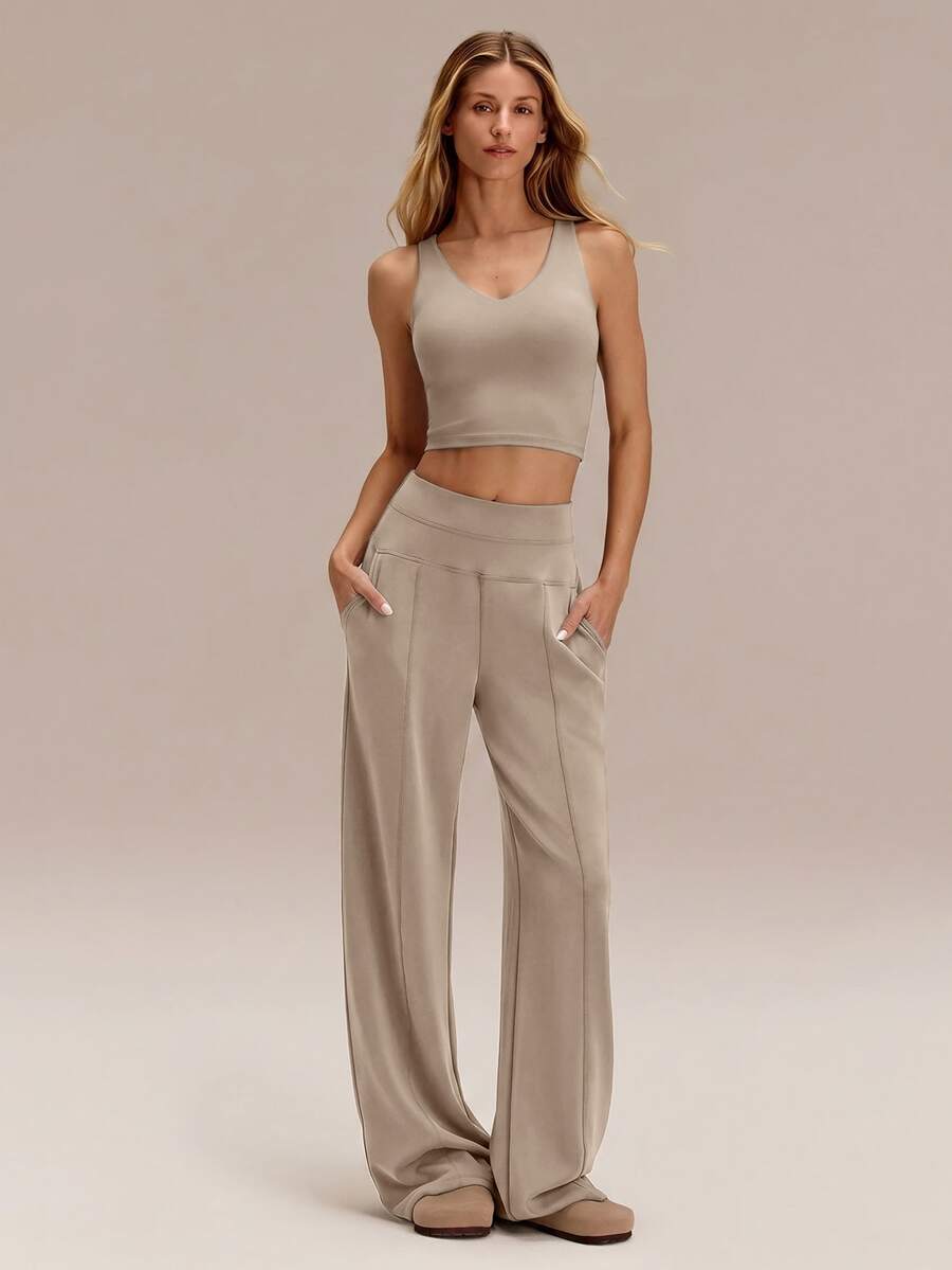 GLOWMODE SoftCalm Modal 32'' Tall Drift Wide Leg Pants Silk Touch High Waist With Side Pockets Autumn Winter Daily Wear - Khaki - View 1