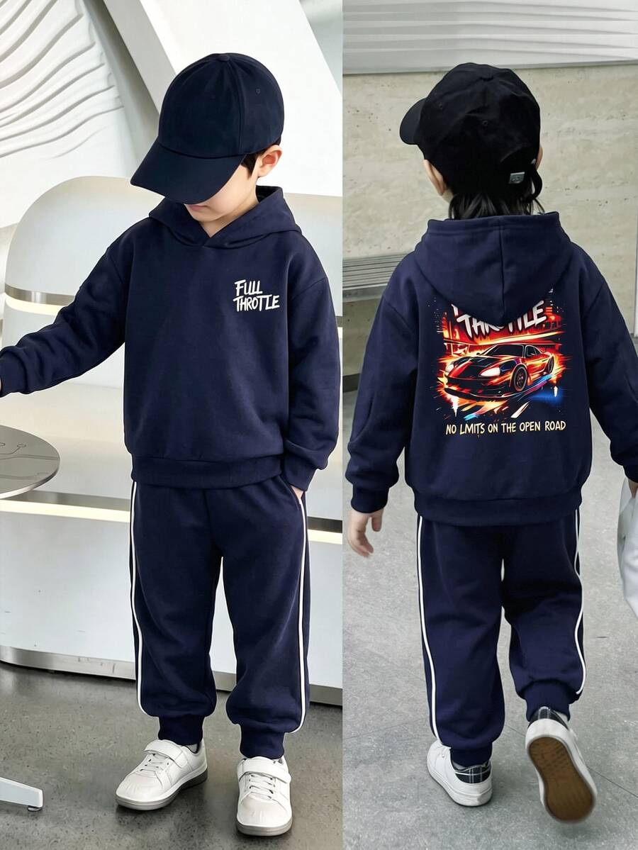 SHEIN 青少年男孩長袖運動衫與慢跑長褲 2件式休閒運動套裝,適合秋冬校園、戶外與日常穿著 - 藏蓝色 - 查看 1