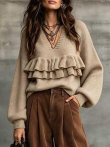 LUMIGAL V-Neck Double-Layer Ruched Front Dropped Shoulder Ribbed Cuffs Lantern Long Sleeve Loose Hem Pullover Women's Sweater Brunch Khaki Fall Boho - Khaki - View 1