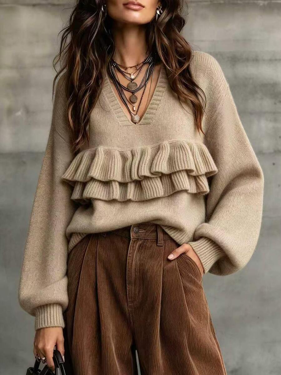 LUMIGAL V-Neck Double-Layer Ruched Front Dropped Shoulder Ribbed Cuffs Lantern Long Sleeve Loose Hem Pullover Women's Sweater Brunch Khaki Fall Boho - Khaki - View 1