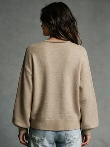 LUMIGAL V-Neck Double-Layer Ruched Front Dropped Shoulder Ribbed Cuffs Lantern Long Sleeve Loose Hem Pullover Women's Sweater Brunch Khaki Fall Boho - Khaki - View 2