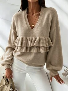 LUMIGAL V-Neck Double-Layer Ruched Front Dropped Shoulder Ribbed Cuffs Lantern Long Sleeve Loose Hem Pullover Women's Sweater Brunch Khaki Fall Boho - Khaki - View 5