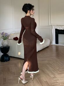 DAZY 女款法式風格羅紋鈕扣撞色針織洋裝 冬季 - 棕色 - 查看 2