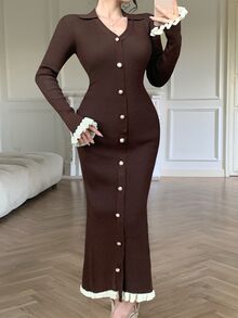 DAZY 女款法式風格羅紋鈕扣撞色針織洋裝 冬季 - 棕色 - 查看 5