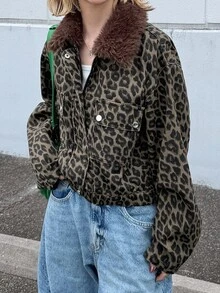 FRIFUL 女款時尚街頭 90 年代復古街頭風 豹紋拉鍊牛仔夾克 夜生活灰色豹紋 秋季 - 棕色 - 查看 4