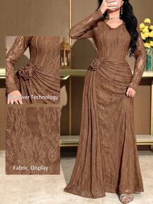 Modelyn Women's Lace Pleated Elegant Waist-Cinching Party Night Cocktail Midi Dress Brown Fall - Coffee Brown - View 2
