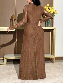Modelyn Women's Lace Pleated Elegant Waist-Cinching Party Night Cocktail Midi Dress Brown Fall - Coffee Brown - View 3