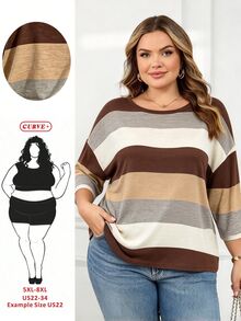 SHEIN CURVE+ Plus Size Women Casual Baggy Vintage Stripe Print Drop Shoulder T-Shirt Fall Travel Homewear Brown - Multicolor - View 1