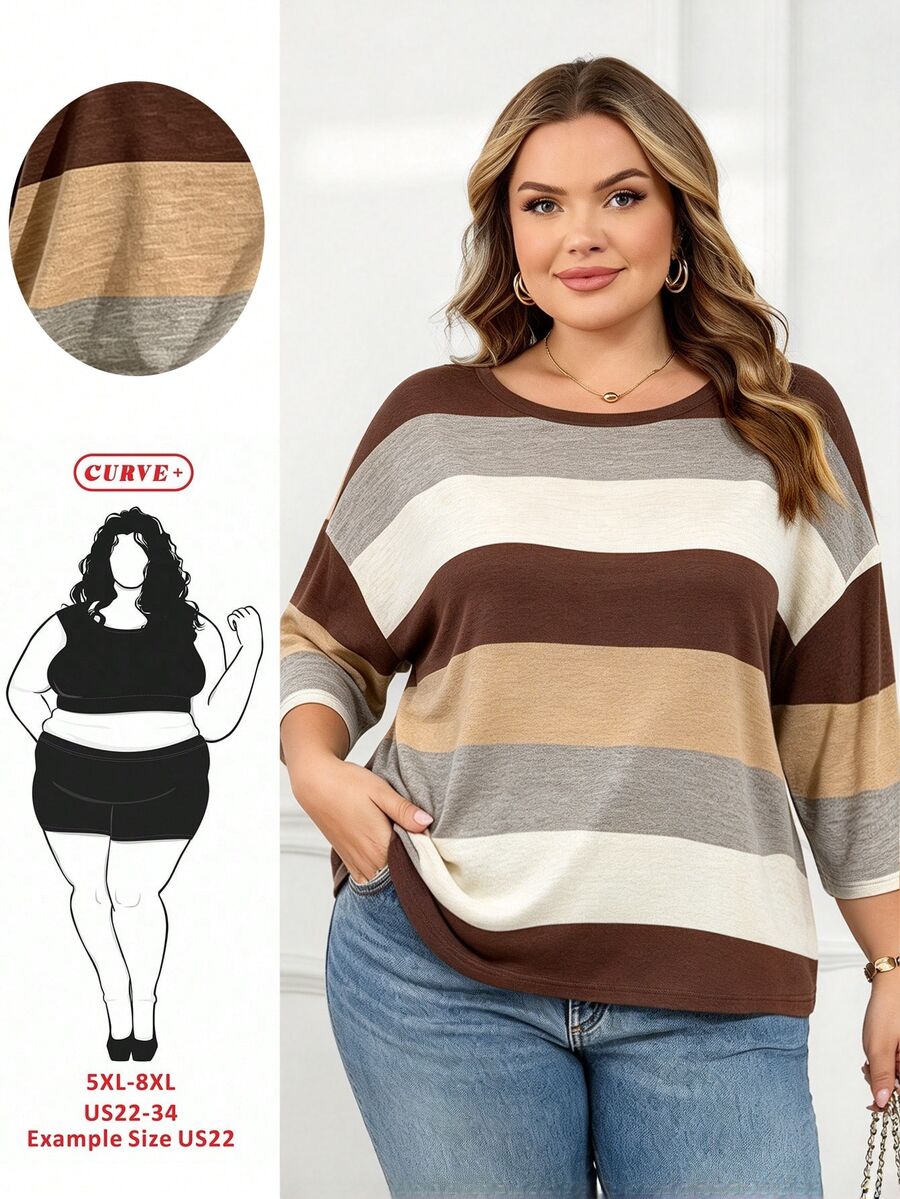 SHEIN CURVE+ Plus Size Women Casual Baggy Vintage Stripe Print Drop Shoulder T-Shirt Fall Travel Homewear Brown - Multicolor - View 1