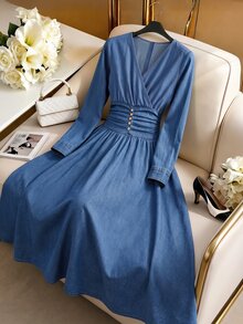 GlowEve Women's V-Neck Ruched Waist Long Sleeve A-Line Midi Party Elegant Denim Dress Fall Winter Ruched Detailing Waist-Cinching, Slimming Fit Blue - Medium Wash - View 6