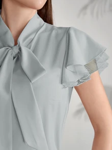 Modelyn Women's Solid Color Collar Ruffle Short Sleeve Elegant Business Casual Blouse Office Sage Green Summer - Green - View 5