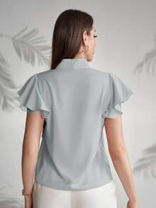 Modelyn Women's Solid Color Collar Ruffle Short Sleeve Elegant Business Casual Blouse Office Sage Green Summer - Green - View 2