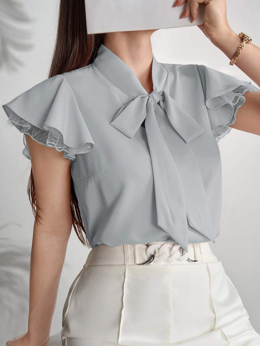 Modelyn Women's Solid Color Collar Ruffle Short Sleeve Elegant Business Casual Blouse Office Sage Green Summer - Green - View 1