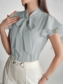 Modelyn Women's Solid Color Collar Ruffle Short Sleeve Elegant Business Casual Blouse Office Sage Green Summer - Green - View 3
