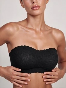 Barelissa Women's Lace Patchwork Floral Print Bandeau Bra, Wireless Seamless Adhesive Anti-Slip Bra, Transparent Adjustable Shoulder Straps, Backless Design, Push-Up Anti-Sagging Bandeau Bra, 2pcs/Set - Black - View 3