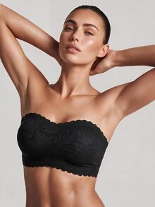 Barelissa Women's Lace Patchwork Floral Print Bandeau Bra, Wireless Seamless Adhesive Anti-Slip Bra, Transparent Adjustable Shoulder Straps, Backless Design, Push-Up Anti-Sagging Bandeau Bra, 2pcs/Set - Black - View 4