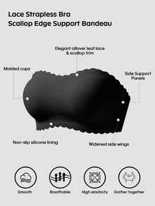 Barelissa Women's Lace Patchwork Floral Print Bandeau Bra, Wireless Seamless Adhesive Anti-Slip Bra, Transparent Adjustable Shoulder Straps, Backless Design, Push-Up Anti-Sagging Bandeau Bra, 2pcs/Set - Black - View 6