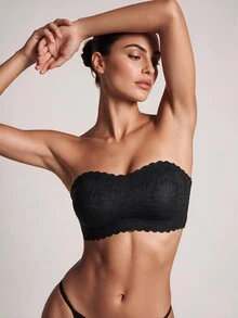 Barelissa Women's Lace Patchwork Floral Print Bandeau Bra, Wireless Seamless Adhesive Anti-Slip Bra, Transparent Adjustable Shoulder Straps, Backless Design, Push-Up Anti-Sagging Bandeau Bra, 2pcs/Set - Black - View 5