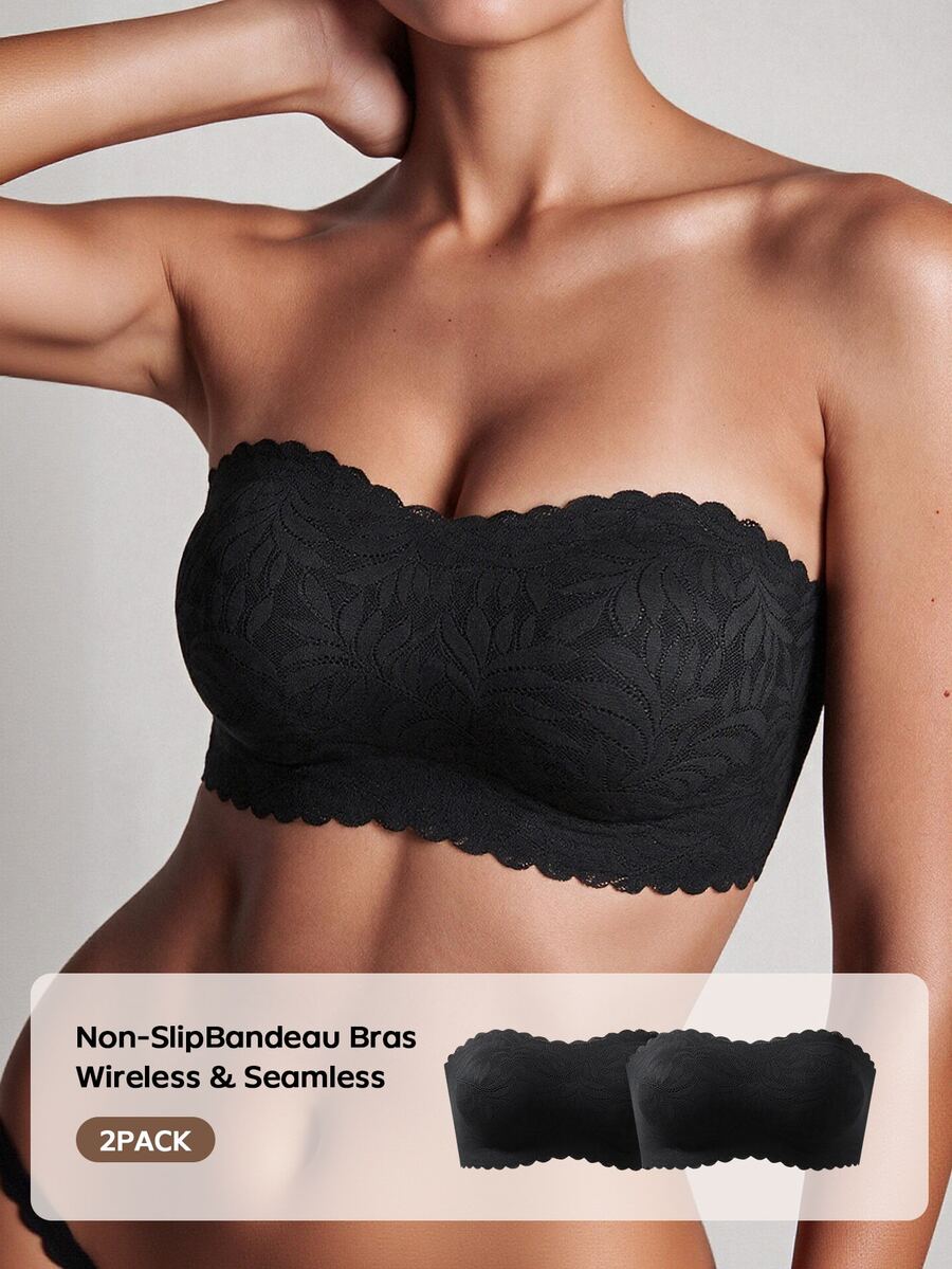 Barelissa Women's Lace Patchwork Floral Print Bandeau Bra, Wireless Seamless Adhesive Anti-Slip Bra, Transparent Adjustable Shoulder Straps, Backless Design, Push-Up Anti-Sagging Bandeau Bra, 2pcs/Set - Black - View 1