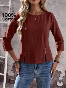 SHEIN LUNE 女款圓領七分袖鈕扣下擺設計 100%棉麻休閒波希米亞風襯衫上衣 早午餐度假款 酒紅色 秋季 - 紅木色 - 查看 7