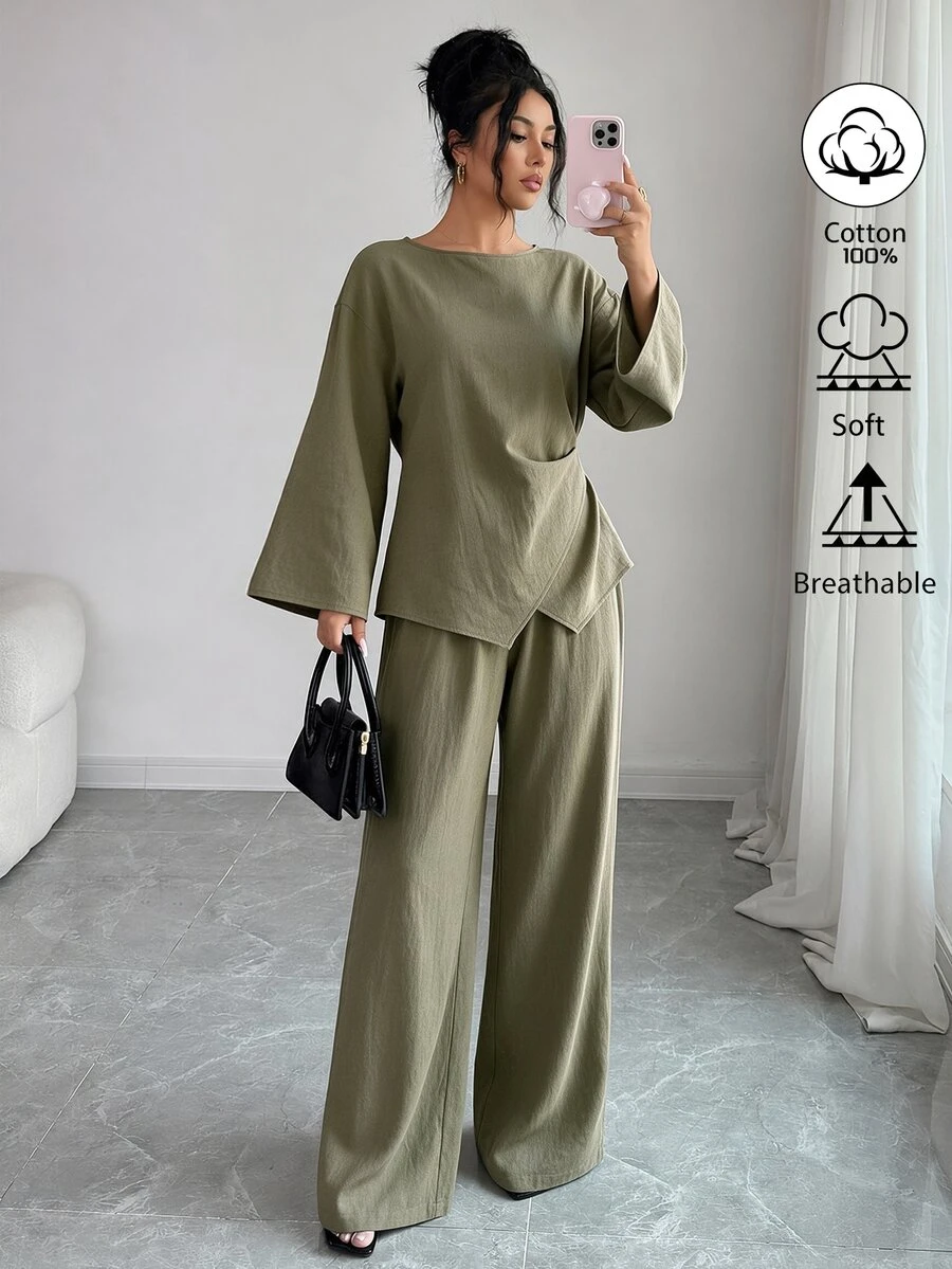 Elenzga Olive Green Pure Cotton Linen-Like Wide Leg Pants Set For Women, High Neck Bell Sleeve Cinched Waist Overlap Top, Minimalist Elegant, Spring Autumn Commute Gathering - Army Green - View 1