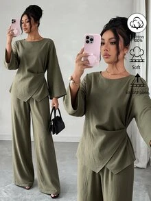 Elenzga Olive Green Pure Cotton Linen-Like Wide Leg Pants Set For Women, High Neck Bell Sleeve Cinched Waist Overlap Top, Minimalist Elegant, Spring Autumn Commute Gathering - Army Green - View 3