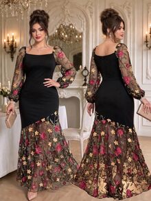 Roveilla Plus Size Women Elegant Romantic Mesh Embroidery Patchwork Asymmetrical Hemline Mesh Splice Party Dinner Formal Slim Fit Long Dress Fall Black - Black - View 2