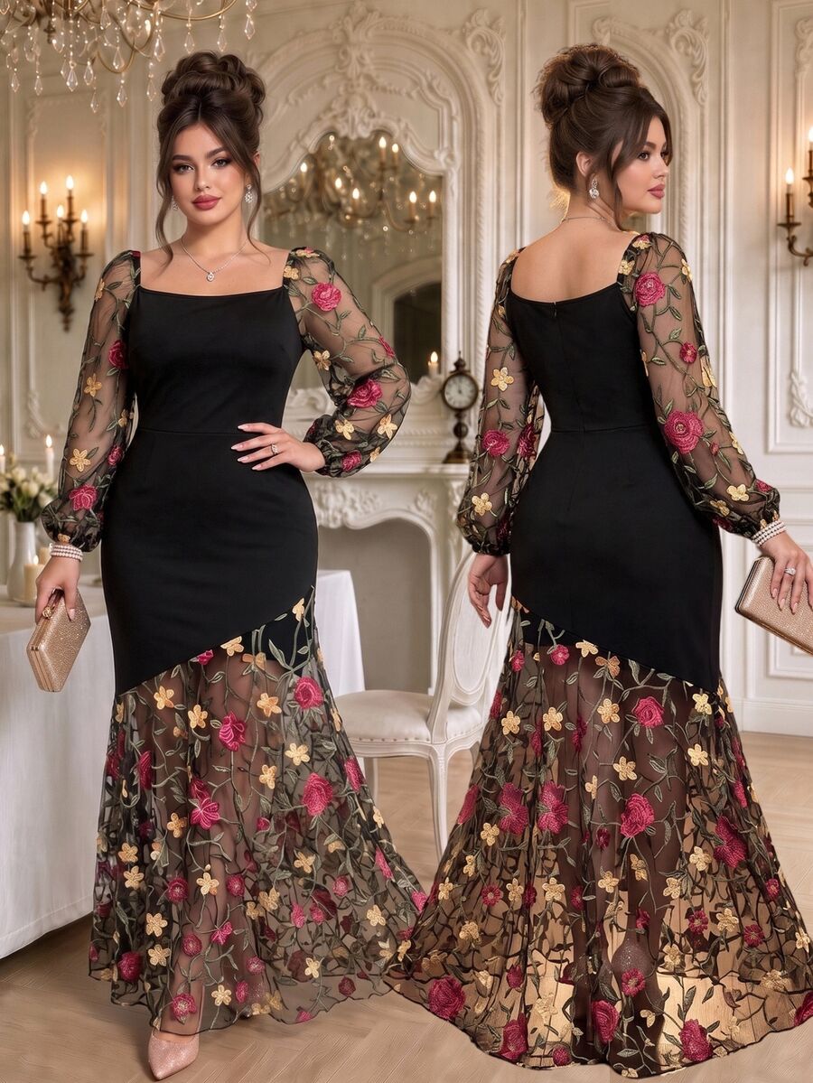 Roveilla Plus Size Women Elegant Romantic Mesh Embroidery Patchwork Asymmetrical Hemline Mesh Splice Party Dinner Formal Slim Fit Long Dress Fall Black - Black - View 1
