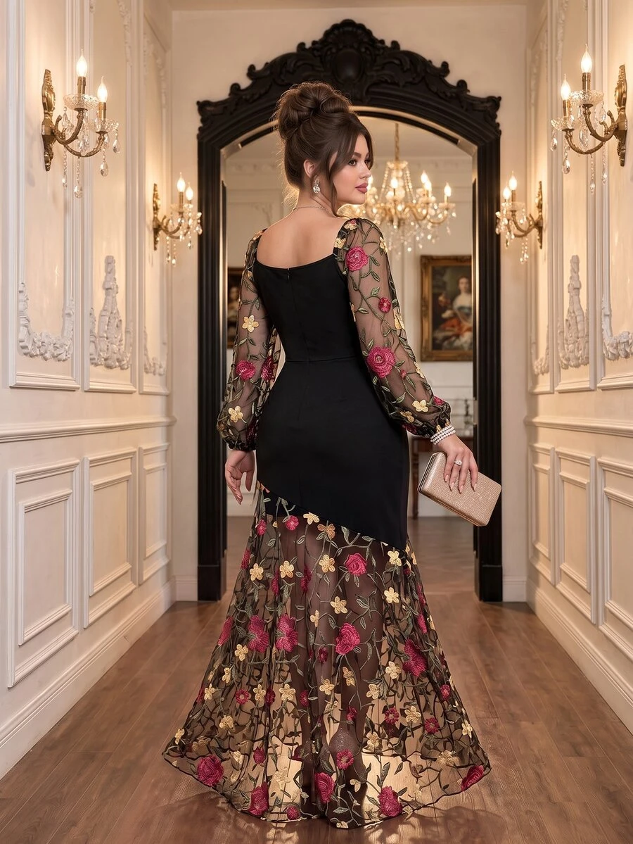 Roveilla Plus Size Women Elegant Romantic Mesh Embroidery Patchwork Asymmetrical Hemline Mesh Splice Party Dinner Formal Slim Fit Long Dress Fall Black - Black - View 1