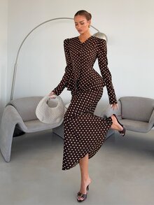 Siren Gaze Fall Winter Brown White Polka Dot Set Lace Trim Button Front Top Peplum Ruffle A-Line Blouse Flare Maxi Skirt Y2k Elegant Work Party Modest Halloween - Brown - View 6