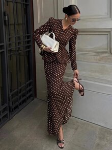 Siren Gaze Fall Winter Brown White Polka Dot Set Lace Trim Button Front Top Peplum Ruffle A-Line Blouse Flare Maxi Skirt Y2k Elegant Work Party Modest Halloween - Brown - View 1