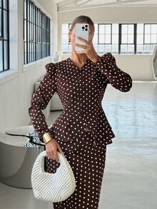 Siren Gaze Fall Winter Brown White Polka Dot Set Lace Trim Button Front Top Peplum Ruffle A-Line Blouse Flare Maxi Skirt Y2k Elegant Work Party Modest Halloween - Brown - View 4